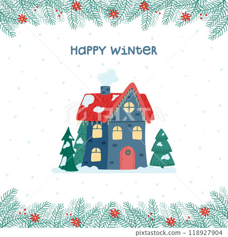 Happy winter. Cute Christmas and winter house. Decorated house on the background of the falling snow, fir trees and a snowman. Vector illustration in a flat style. Happy winter. Cute Christmas and winter house. Decorated house on the background of the falling snow, fir trees and a snowman. Vector illustration in a flat style. 118927904