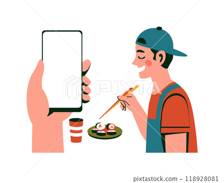Eating sushi with chopsticks illustration Eating sushi with chopsticks illustration 118928081