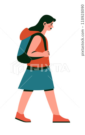 Female hiker with backpack walking illustration Female hiker with backpack walking illustration 118928090