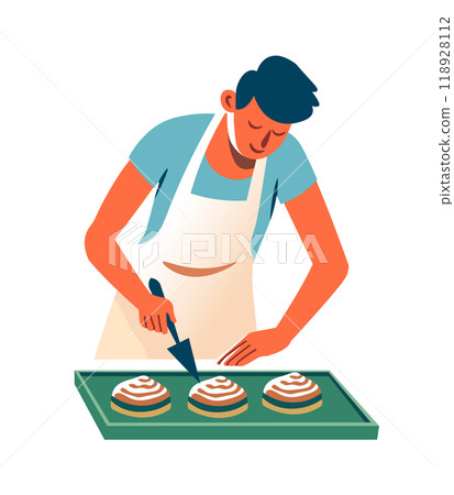 Baker Decorating Cinnamon Rolls vector 118928112