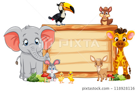 Cute Animal Friends with Wooden Sign Cute Animal Friends with Wooden Sign 118928116