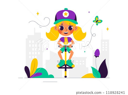 XPogo Stick Jumping Sport Vector Illustration in Outdoor Playful Scene in a Flat Style Cartoon Background 118928241
