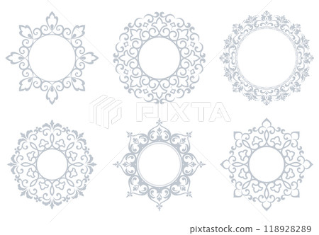 Set of decorative frames Elegant vector element for design in Eastern style, place for text. Floral gray and white borders. Lace illustration for invitations and greeting cards 118928289
