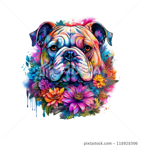 Colorful illustration of a bulldog surrounded by vibrant flowers, combining realism and artistic splashes, creating a bold, lively, and eye-catching design, Dog Lover. Colorful illustration of a bulldog surrounded by vibrant flowers, combining realism and artistic splashes, creating a bold, lively, and eye-catching design, Dog Lover. 118928306