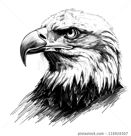 Detailed black-and-white illustration of a majestic eagle's head, showcasing its sharp beak, intense eyes, and textured feathers in a dynamic style. 118928307
