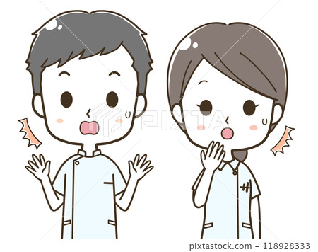 Upper body illustration of a surprised male and female nurse Upper body illustration of a surprised male and female nurse 118928333