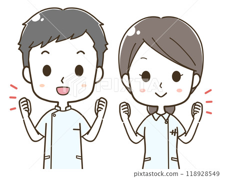 Upper body illustration of male and female nurses doing fist pump 118928549