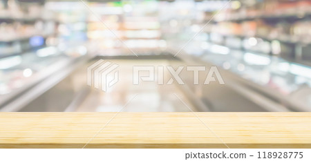 Empty wood table top with supermarket blurred background for product display Empty wood table top with supermarket blurred background for product display 118928775