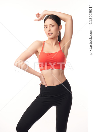 Beautiful young asian sport woman with sportswear ready for exercise on white background, Advertising sportswear and yoga wear, Healthy lifestyle, sport. 118929014