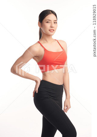 Beautiful young asian sport woman with sportswear ready for exercise on white background, Advertising sportswear and yoga wear, Healthy lifestyle, sport. 118929015