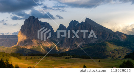 Beautiful mountain range in Alpe Di Suisi, Dolomites 118929035