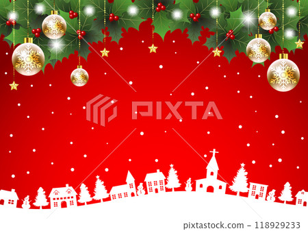Christmas background with holly and ornaments, cityscape, red, cute, illustration, horizontal 118929233