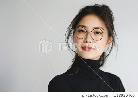 Beautiful studio portrait of young, stylish, beautiful asian woman, long hair, with modern design eye glasses looking at camera with confidence on white background Beautiful studio portrait of young, stylish, beautiful asian woman, long hair, with modern design eye glasses looking at camera with confidence on white background 118929466