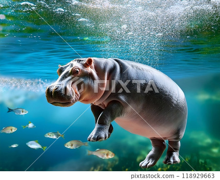 A hippopotamus glides effortlessly through clear blue water, surrounded by a school of fish. 118929663