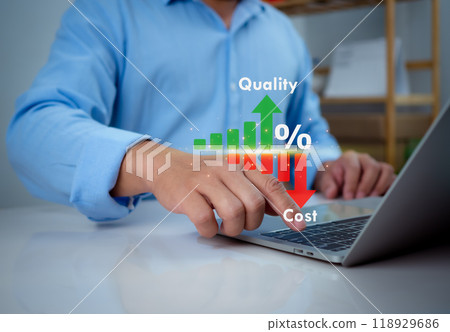 Businessman touching showing a quality control growth graph and cost reduction, Cost and quality control, Effective business, business strategy and project management concept. Businessman touching showing a quality control growth graph and cost reduction, Cost and quality control, Effective business, business strategy and project management concept. 118929686