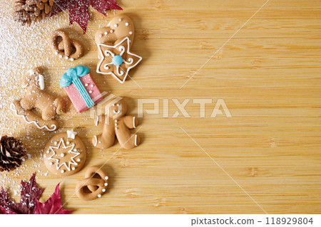 Christmas homemade gingerbread cookies on wooden table. 118929804