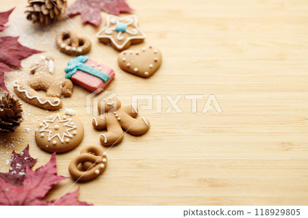 Christmas homemade gingerbread cookies on wooden table. Christmas homemade gingerbread cookies on wooden table. 118929805