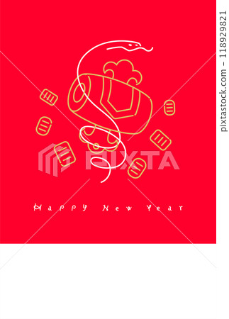 新年素材：簡約時尚的線條藝術新年賀卡素材，有木槌、橢圓形、蛇（蛇年） 118929821