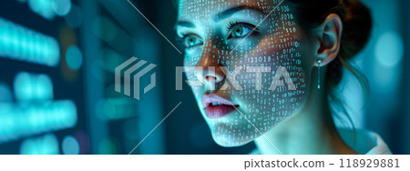 young woman with digital code projected on her face, looking at futuristic screen. Concept of artificial intelligence, data security, and digital technology in modern world 118929881