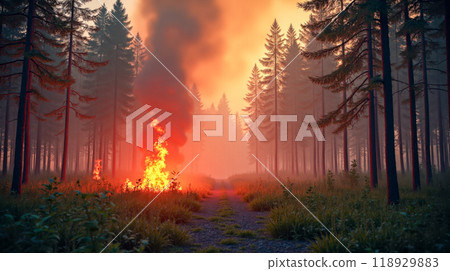 Forest blaze at dawn or dusk with bright orange sky, wildfire spreading through woodland area, intense flames consuming trees, smoke rising over natural setting, urgent firefighting challenge 118929883