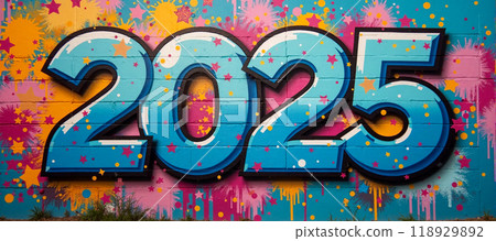 Colorful Street Art Mural Celebrating New Year 2025 with Dynamic Bold Numbers, Star Accents on Bright Blue Red Orange Background, Festive Graffiti for Urban Decoration, Welcoming Future Year in Style 118929892
