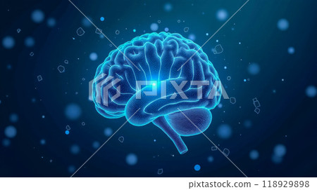 Human brain digital illustration with glowing focus area on dark blue background, abstract geometric shapes, futuristic neuroscience concept, cognitive function 118929898