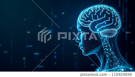 Digital Concept Illustration Human Brain Activity Side View Neural Network Glowing Connections Neurons Abstract Light Particles Lines Dark Blue Background Cognitive Function 118929899