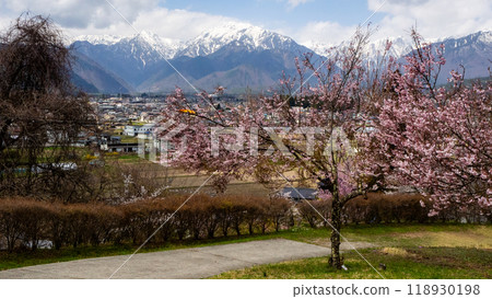 Snow-covered Northern Alps and cityscape, Omachi City, Nagano Prefecture 118930198