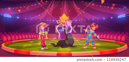 Circus arena with clowns and harbor seal Circus arena with clowns and harbor seal 118930247