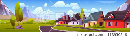 Suburban or village street with road and mountains 118930248
