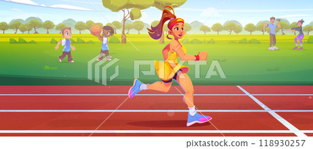 Young woman running on stadium 118930257