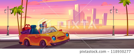 Man driving cabriolet car on sunset or sunrise. 118930277