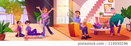 Kid play game in home living room cartoon vector Kid play game in home living room cartoon vector 118930296