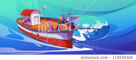 Family fishing on commercial boat in ocean cartoon 118930308