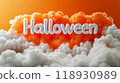 The word Halloween from helium balloons is on orange and white clouds background. copy space 118930989