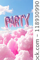 The word Party from helium balloons is on blue sky and pink clouds background. copy space 118930990