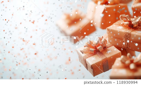 gift boxes with confetti falling or flying in motion. copy space 118930994