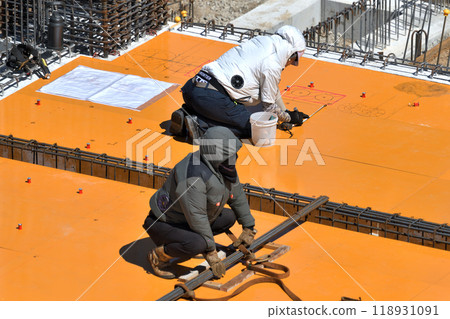 Newly constructed apartment building - Reinforcement work at slab Newly constructed apartment building - Reinforcement work at slab 118931091
