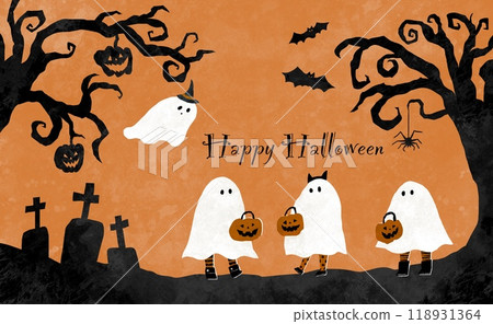 Illustration of kids dressed up as ghosts for Halloween Illustration of kids dressed up as ghosts for Halloween 118931364