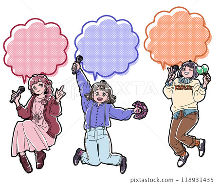 Illustration of three girls enjoying karaoke with speech bubbles 118931435