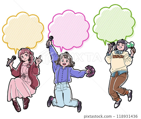 三個女孩用語音氣泡享受卡拉 OK 的插圖 118931436
