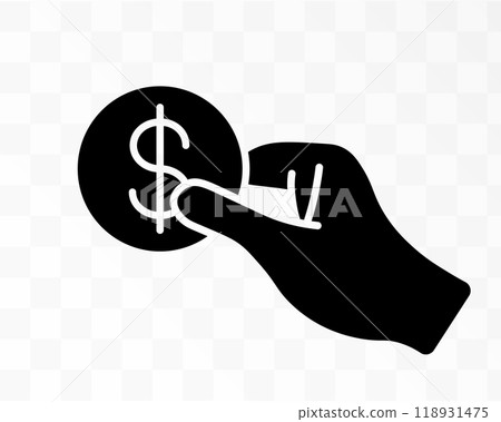 Dollar money coin in hand icon symbol. Hand holding coin logo sign. Vector illustration image. Isolated on white background. 118931475
