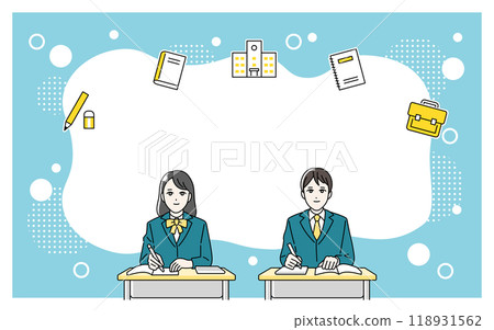 Illustration of male and female high school students studying at their desks Illustration of male and female high school students studying at their desks 118931562