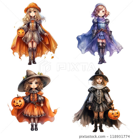 Four Anime Girls in Halloween Costumes Four Anime Girls in Halloween Costumes 118931774