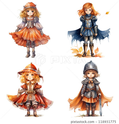 Four Watercolor Illustrations of Young Girls in Fantasy Costumes 118931775