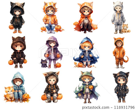 Cute Children in Cat Hoodies with Pumpkins and Cats 118931796