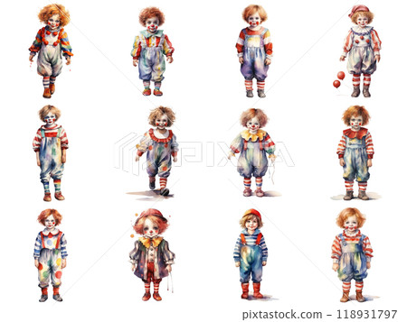 Watercolor Illustration of 12 Children Dressed as Clowns 118931797