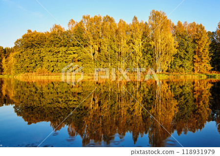 Tranquil River Reflections of Autumn Trees Tranquil River Reflections of Autumn Trees 118931979