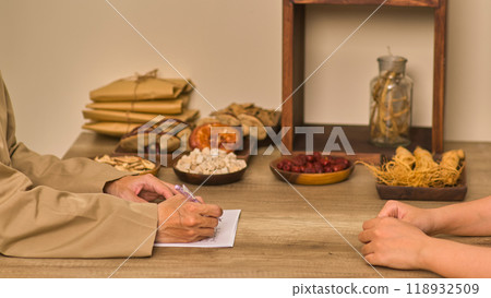 A sample image with a traditional oriental medicine room background showcases a doctor sitting, talking to a client, and taking notes. On the table are measuring cups and various herbs. A sample image with a traditional oriental medicine room background showcases a doctor sitting, talking to a client, and taking notes. On the table are measuring cups and various herbs. 118932509