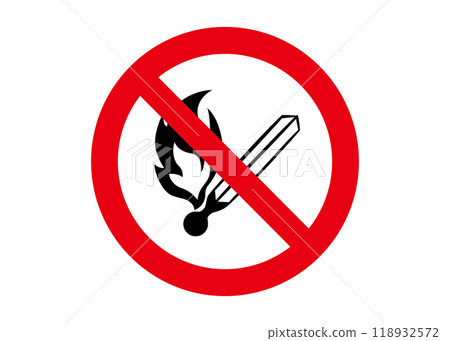 Illustration of fire prohibited, match, lighter, firearms prohibited sign 118932572